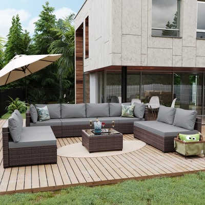 UPHA 9-Piece Rattan Patio Sofa Conversation Set with Cushions