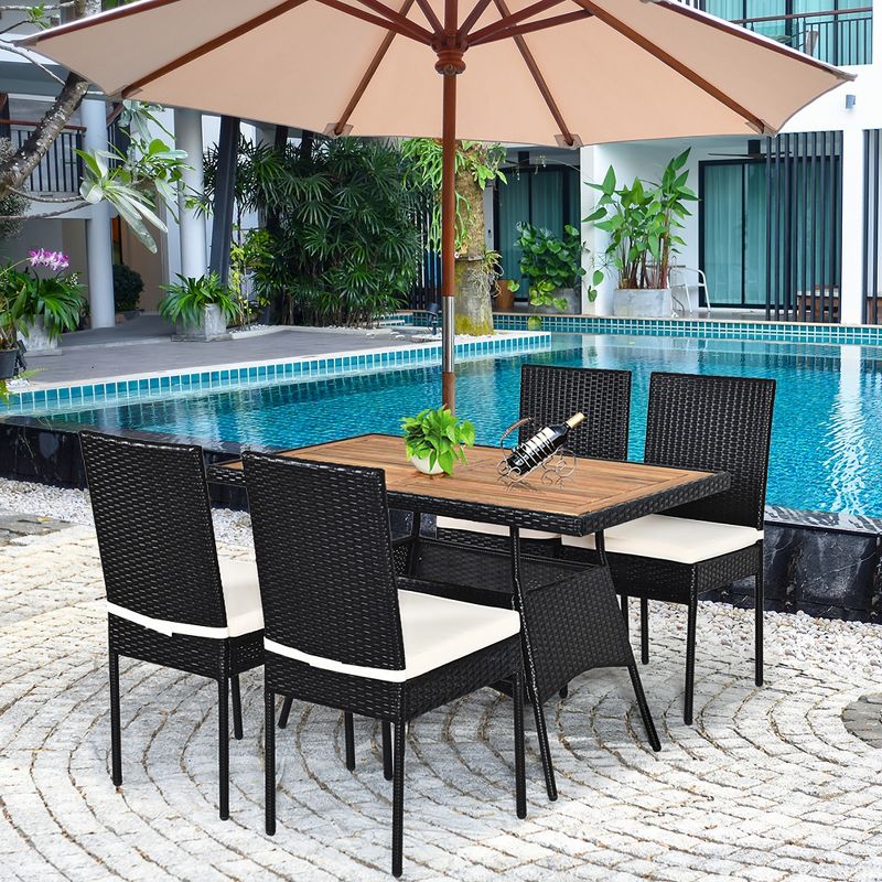 Costway 5 PCS Patio Rattan Furniture Set Wood Top Table Cushioned Chairs Garden Yard Deck, 2 of 11