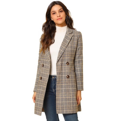 Allegra K Women's Double Breasted Notched Lapel Plaid Overcoat with Pockets  Brown X-Small
