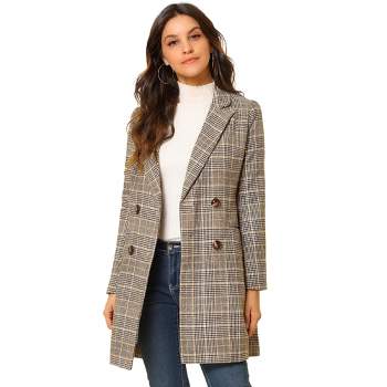 Allegra K Women's Double Breasted Notched Lapel Plaid Overcoat with Pockets
