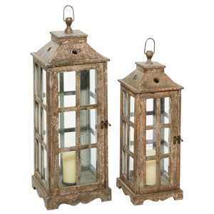 Set of 2 Rectangular Distressed Wood Finished Glass Candle Holders - Olivia & May: Rustic Pillar Lanterns - 1 of 4