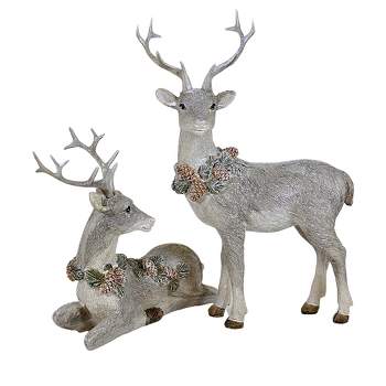 Option 2 10.0 Inch Stags With Neck Wreaths Christmas Winter Pinecones Animal Statues