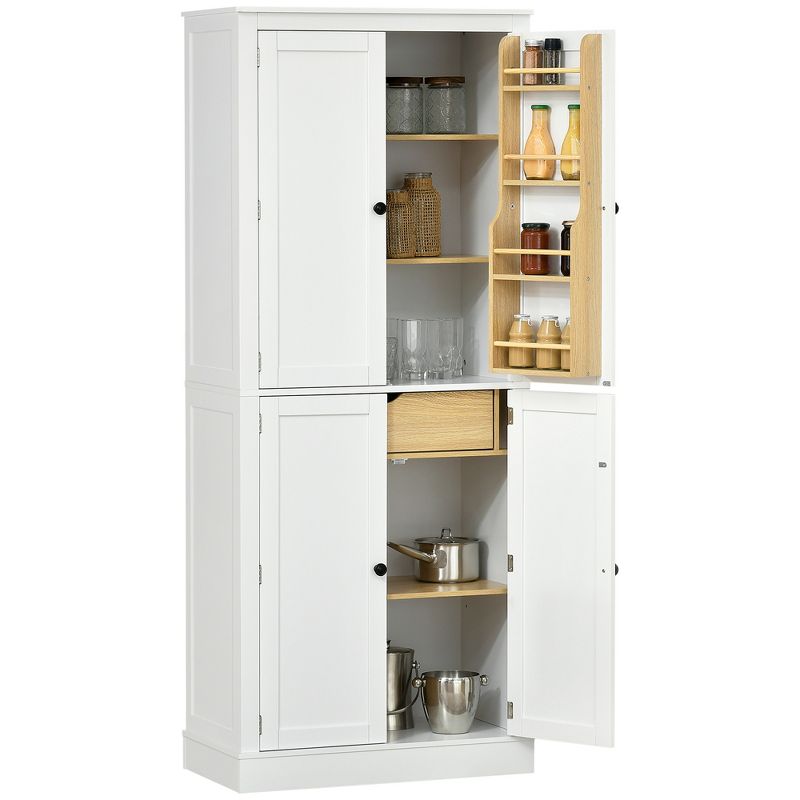 HOMCOM 72" Kitchen Pantry, 4-Door Kitchen Cabinet with 5-tier Storage Shelving, 8 Spice Racks, Interior Drawer and Adjustable Shelves, White, 1 of 7