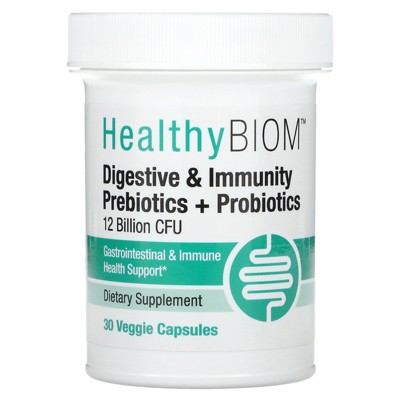 HealthyBiom Digestive & Immunity Prebiotic + Probiotics, 12 Billion CFU, 30 Veggie Capsules