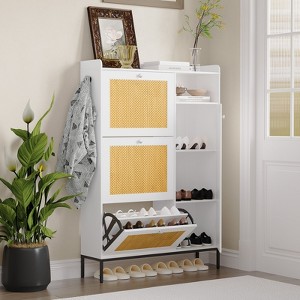 Acekool 3-Tier Shoe Cabinet with Natural Rattan Flip Drawers, Adjustable Shelves & Open Storage, Entryway Organizer in Multiple Finish - 1 of 4