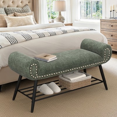 Arceso End of Bed Bench, Modern Bedroom Upholstered Shoe Benches, Ottoman with Metal Frame and Solid Shelf for Bedroom, entryway, Living Room，Foyer