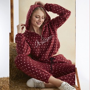 Women’s Junior Cotton Pajama Set – 2-Piece Polka Dot Hoodie & Long Pants Loungewear - 1 of 4