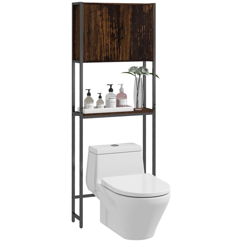 kleankin Industrial Over The Toilet Storage Cabinet, Bathroom Space Saver Above Toilet with Double Door Cupboard and Adjustable Shelf, Rustic Brown, 1 of 7
