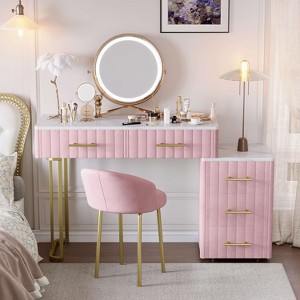 ORRD Pink Velvet Vanity Set w/ 5 Drawers, Marble-Look Top, Adjustable Storage & Padded Chair – Stylish Makeup Dressing Table - 1 of 4