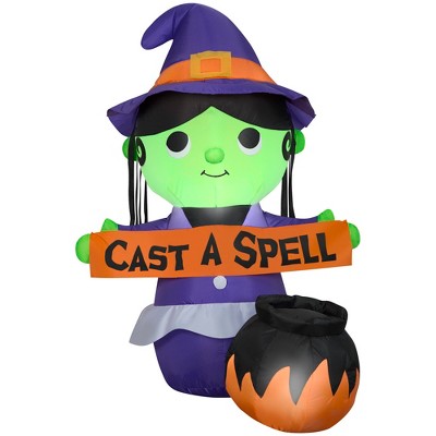 Gemmy Airblown Inflatable Witch w/Cast a Spell Sign Scene , 4.5 ft Tall, Multi