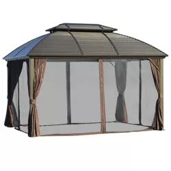 Outsunny 10x12 Hardtop Gazebo with Aluminum Frame, Permanent Metal Roof Gazebo Canopy with Curtains and Netting for Garden, Patio, Backyard, Brown