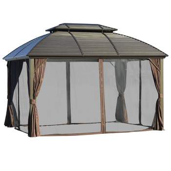 Outsunny 10' x 12' Hardtop Gazebo with Galvanized Steel Rounded Double Roof, Aluminum Frame, Pavilion Gazebo with Netting, Hooks, and Curtains, Brown