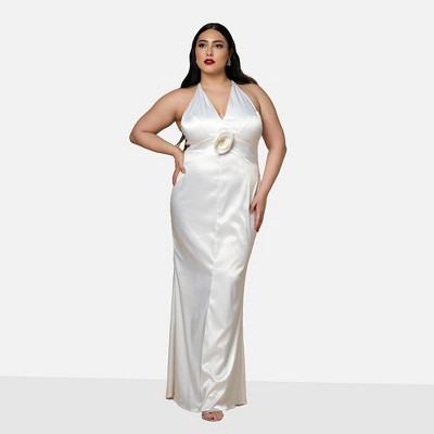 Rebdolls Women's Gardenia Satin Halter Maxi Bodycon Dress