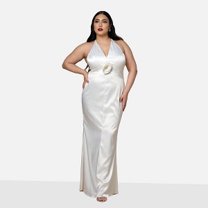 Rebdolls Women's Gardenia Satin Halter Maxi Bodycon Dress - 1 of 4