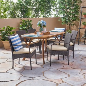 Christopher Knight Home Mason Outdoor Acacia Wood and Wicker 7 Piece Dining Set with Cushions - 1 of 4