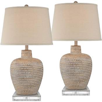 Regency Hill Glenn Rustic Farmhouse Table Lamps Set of 2 with Square Risers 28 1/2" Tall Dappled Sandy Beige Oatmeal Fabric Drum Shade for Bedroom