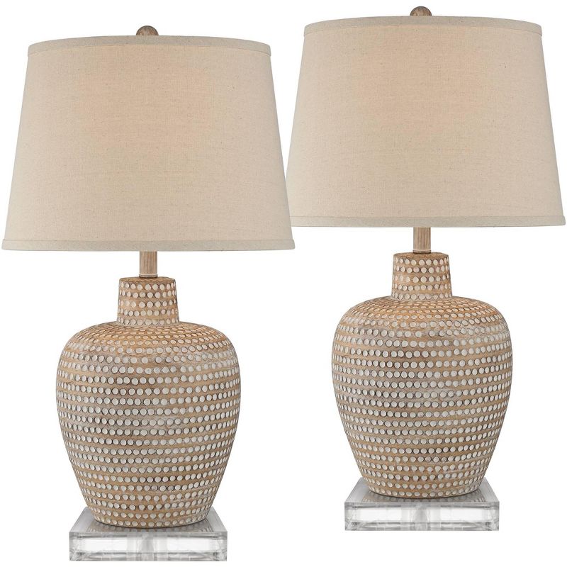 Regency Hill Glenn Rustic Farmhouse Table Lamps Set of 2 with Square Risers 28 1/2" Tall Dappled Sandy Beige Oatmeal Fabric Drum Shade for Bedroom, 1 of 6