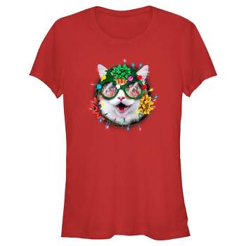 Juniors Womens Lost Gods Christmas Cat Wreath T-Shirt