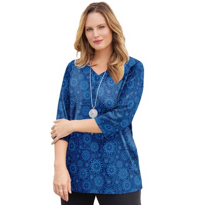 Catherines Women's Plus Size Petite Suprema 3/4 Sleeve V-Neck Tee