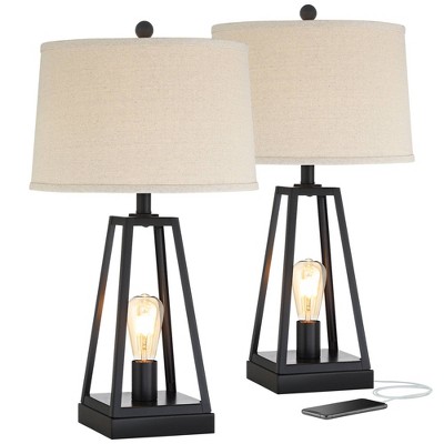Franklin Iron Works Industrial Table Lamps 25.25" High Set of 2 with USB Port Nightlight LED Dark Metal Oatmeal Fabric Shade for Living Room