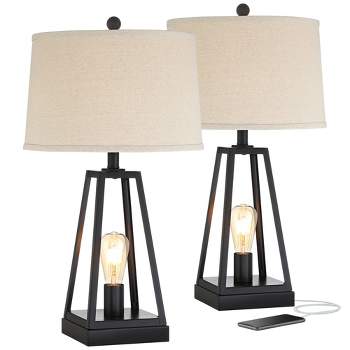 Franklin Iron Works Kacey Industrial Table Lamps 25 1/4" High Set of 2 Dark Metal with USB LED Nightlight Oatmeal Shade for Bedroom Living Room Desk