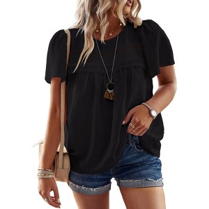 Plus Size Womens Summer Tops Crewneck Short Sleeve Shirts Casual Chiffon Blouses Flowy Lace Boho - 1 of 2