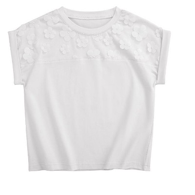 Girls Short Sleeve T-Shirt Top Solid Roll Up Cuffs Crew Neck Fashion Tees with Spliced 3D Floral 3-12Y