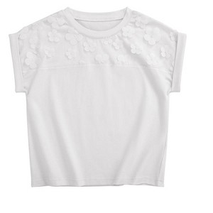 Girls Short Sleeve T-Shirt Top Solid Roll Up Cuffs Crew Neck Fashion Tees with Spliced 3D Floral 3-12Y - 1 of 4