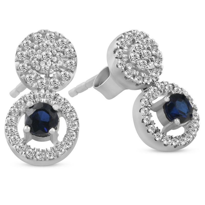 Pompeii3 5/8 ct Diamond & Blue Sapphire Halo Drop Studs Womens Earrings 10k White Gold, 4 of 6