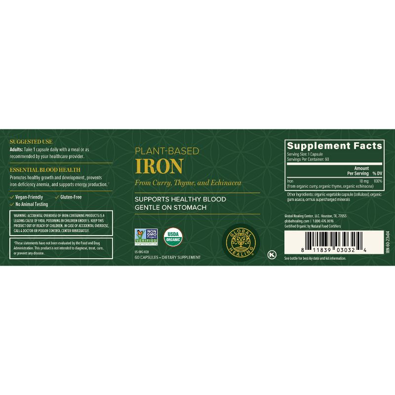 Global Healing Iron, Plant-Based Mineral for Energy (60 Capsules), 3 of 7