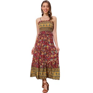 INSPIRE CHIC Women's Summer Spaghetti Strap A-Line Flowy Smocked Midi Boho Floral Sundresses - 1 of 4