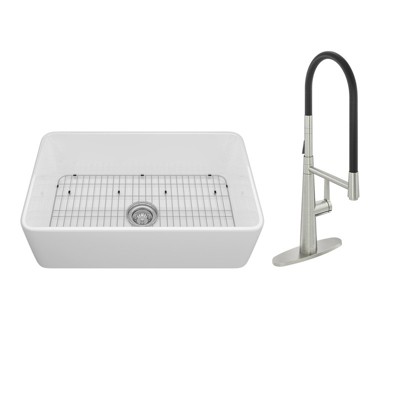 CASAINC 30'' Rectangular Single Basin Fireclay Farmhouse Apron Kitchen Sink with Faucet, White