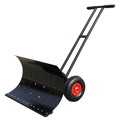 Metal Snow Pusher with Wheels - Adjustable Height and Angle Handle for Driveways, Double Rod Design