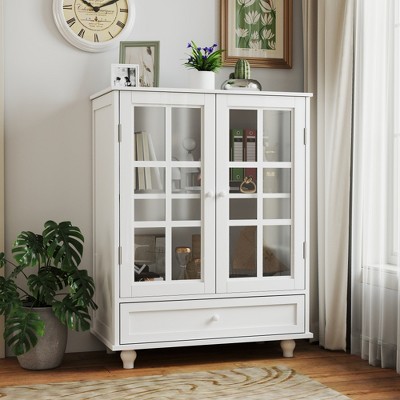 Lycvki Modern Wooden Buffet Cabinet with Double Glass Doors and Drawer