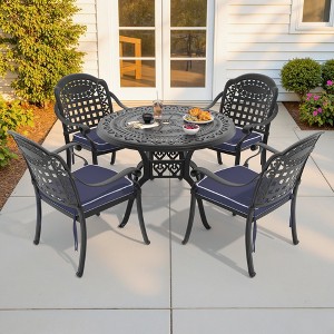 5-Piece Cast Aluminum Outdoor Dining Set: Round Table, Stackable Chairs & Blue Cushions - All-Weather Patio Furniture for Your Backyard - 1 of 4