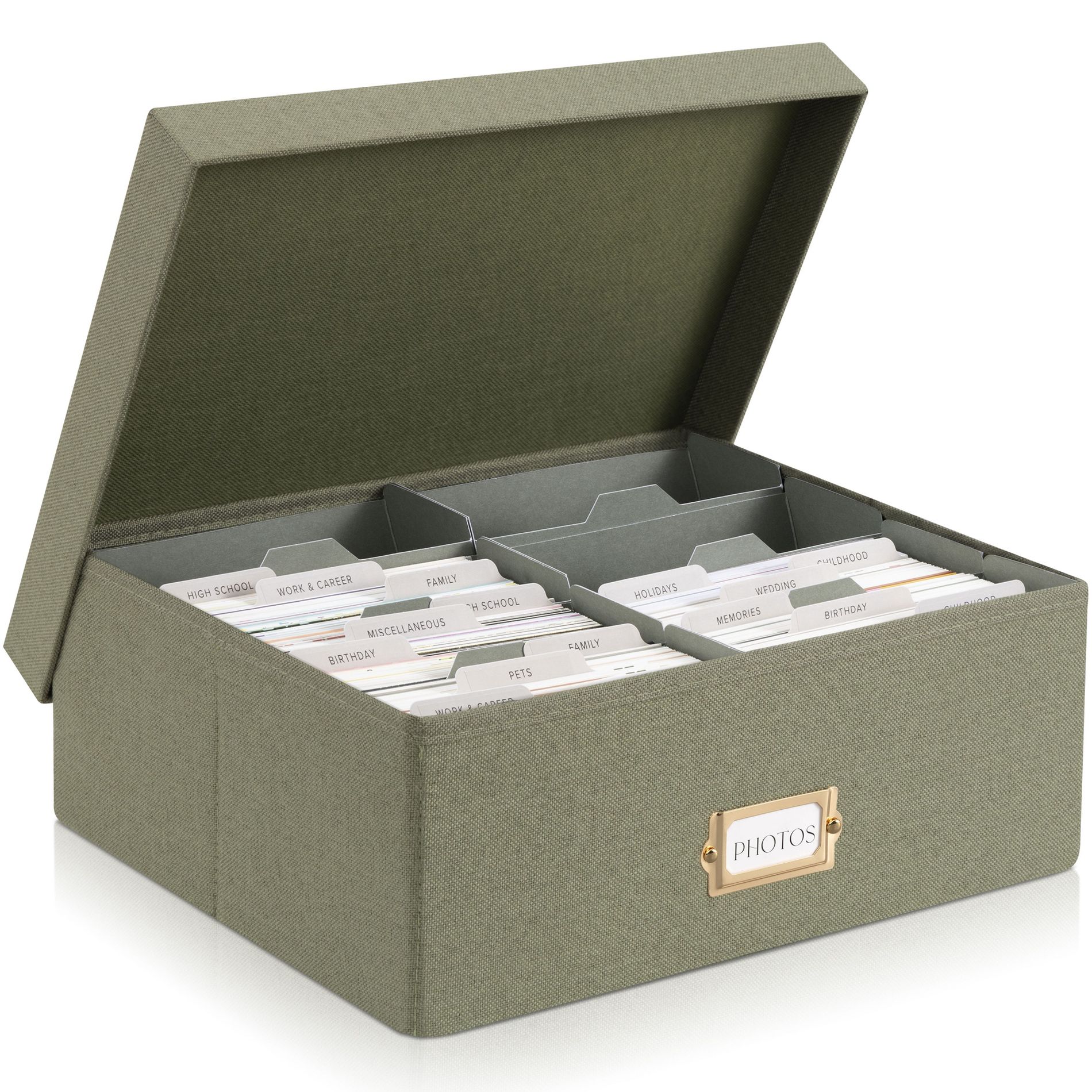 ZICOTO Decorative Photo Storage Box – Linen Organizer with Lid & Dividers Holds up to 1700 4x6 Photos – Portable, Sturdy Scrapbook Storage Solution