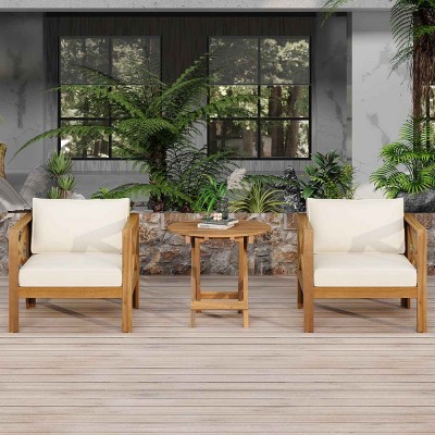 3 PCS Patio Conversation Set, 2 Arm Chairs with Foldable Side Table,  Acacia Wood Frame Chairs with Polyester Cushion-Coolbibila