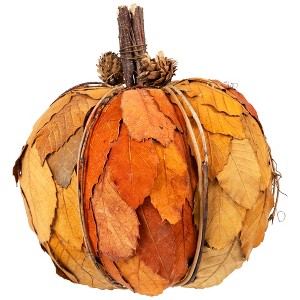 Northlight Layered Leaves Fall Harvest Pumpkin with Pinecones Decoration - 7.5" - Orange - 1 of 4