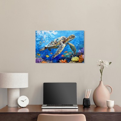 Colorful Coastal Turtle Swimming Canvas Wall Art, 24" x 16"
