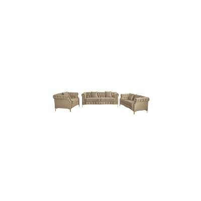 3 Piece Living Room Set, Mid-Century Style Sofa,Button Tufted Armchair Loveseat Couch with Square Pillows and Nailhead Trim for Living Room