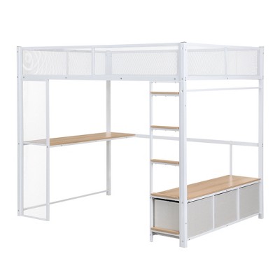 Bellemave Full Size Metal Gaming Loft Bed with LED, Desk, Open Wardrobe and 3 Linen Storage Drawers,White