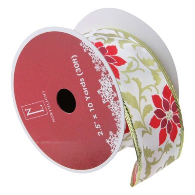 Northlight Pack of 12 Red Poinsettia Print Gold Wired Christmas Craft Ribbon Spools - 2.5 x 120 Yards Total