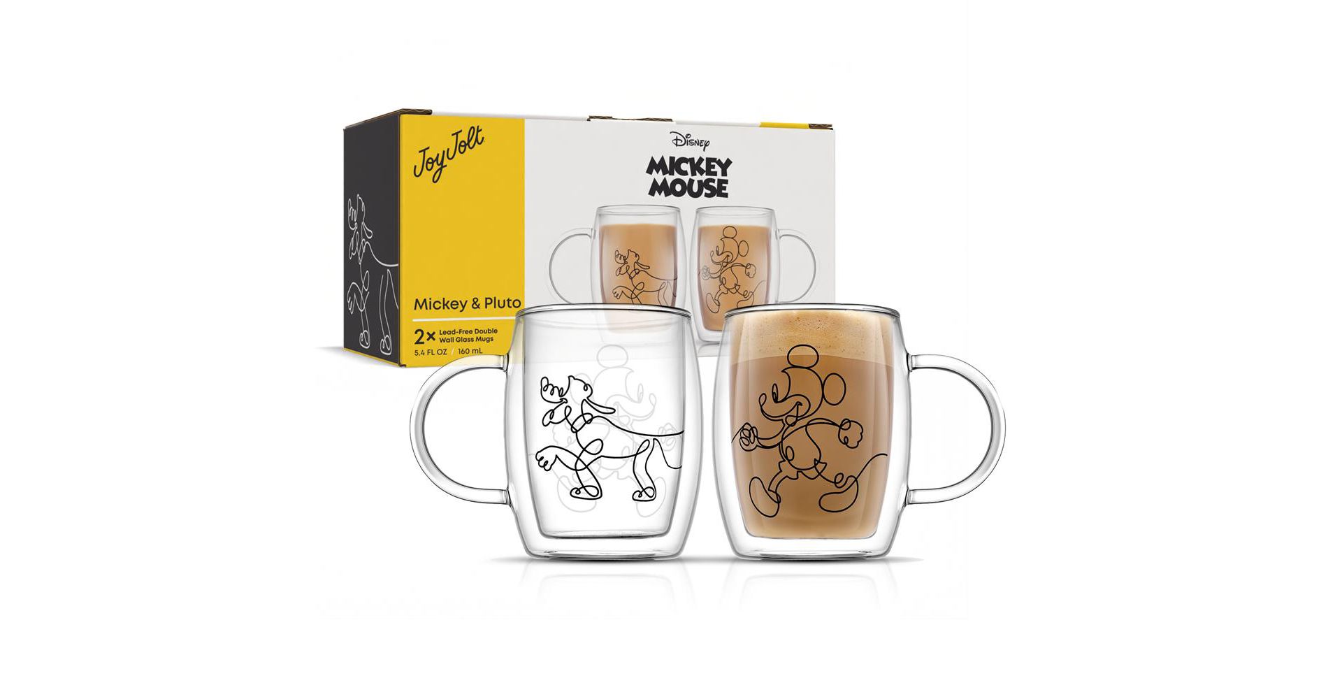 JoyJolt Disney Mickey and Pluto Glass Mugs - Set of 2 Double Wall Tea Glass Coffee Cups - 5.4 oz
