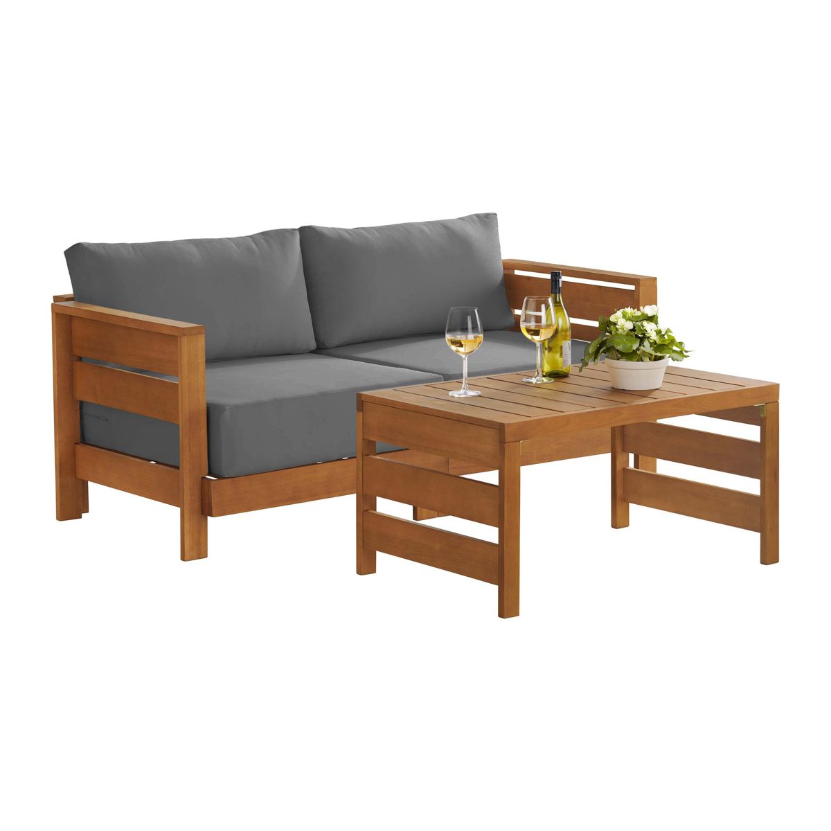 Alaterre Furniture Barton Patio Loveseat with Outdoor Coffee Table - Weather-Resistant Eucalyptus Wood Patio Furniture Set (Natural)