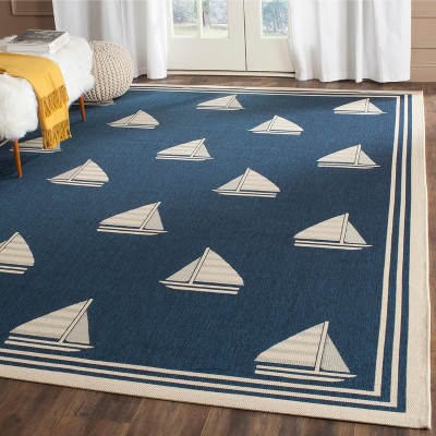Courtyard Navy & Beige 79" Square Synthetic Indoor/Outdoor Rug