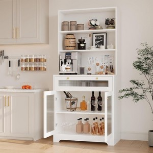 Pantry Cabinet with Glass Doors, 3-Tier Open Shelf Kitchen Pantry Storage Cabinet with Drawer & Adjustable Shelves - 1 of 4