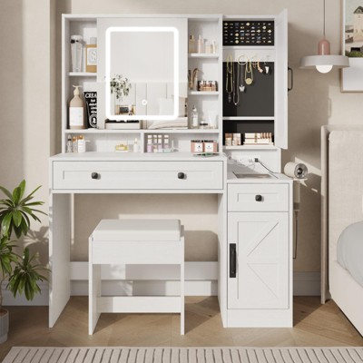 Makeup Vanity Desk with  Mirror, Lights, Power Outlet, Chair & Jewelry Cabinet