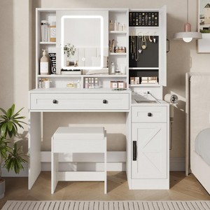 Makeup Vanity Desk with  Mirror, Lights, Power Outlet, Chair & Jewelry Cabinet - 1 of 4