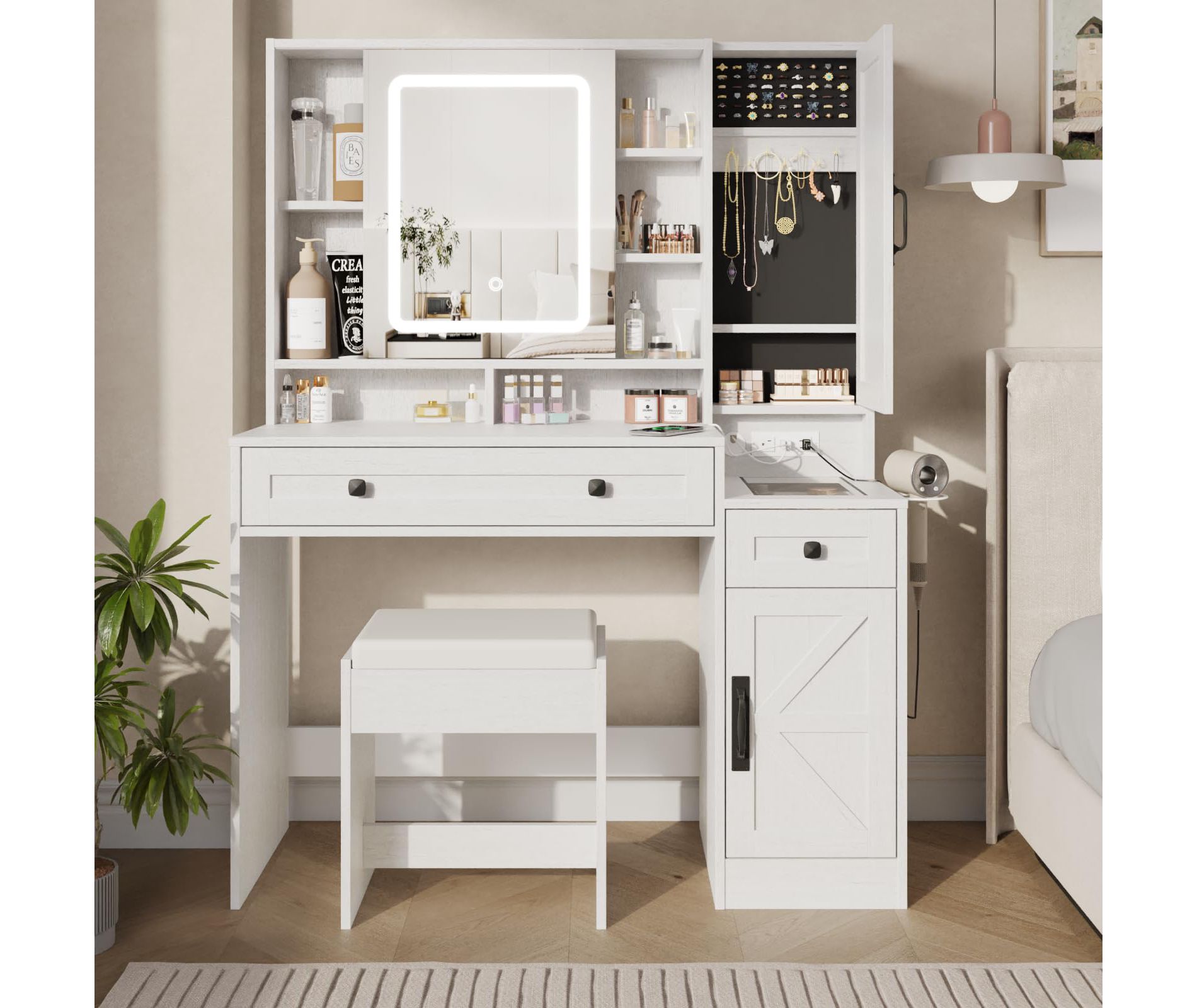Makeup Vanity Desk with Mirror, Lights, Power Outlet, Chair & Jewelry Cabinet, White