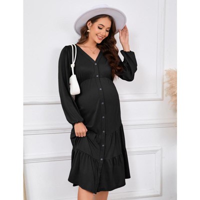 YesFashion Women's Maternity V Neck Dress Casual Ruffle Long Sleeve Button Down Midi Fall Dresses for Baby Shower Photoshoot